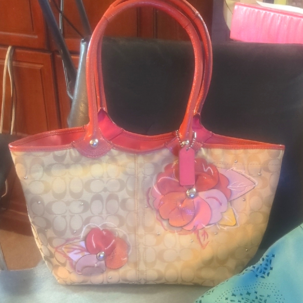 Coach Cream and Pink Monogram Tote Bag